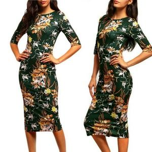 Vintage Green Floral Midi Pencil Dress- NEW (L)
